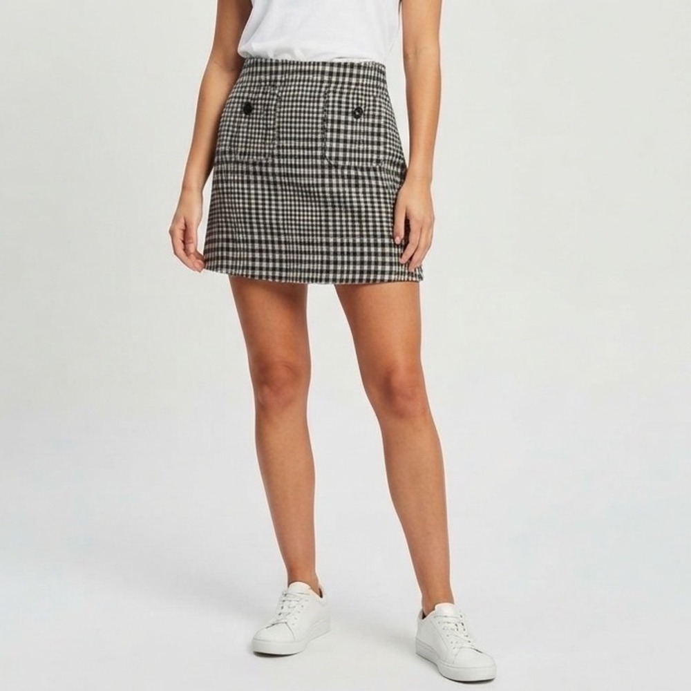 H&M Skirt Womens XS Mini A-Line Black White Houndstooth Pockets NEW